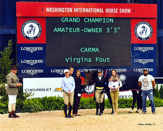 Virginia Fout and Carma Amateur Owner Hunter 3'3" Champion 2016 Washington International Photo by Shawn McMillen