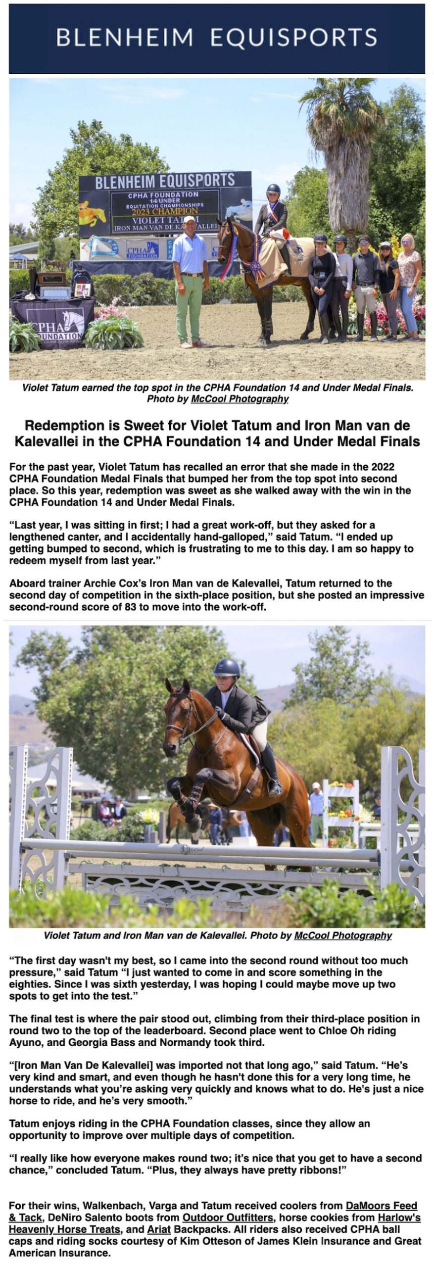 Redemption is Sweet for Violet Tatum and Iron Man van de Kalevallei in the CPHA Foundation 14 & Under Medal Finals 2023 Blenheim Press Release Photos by McCool