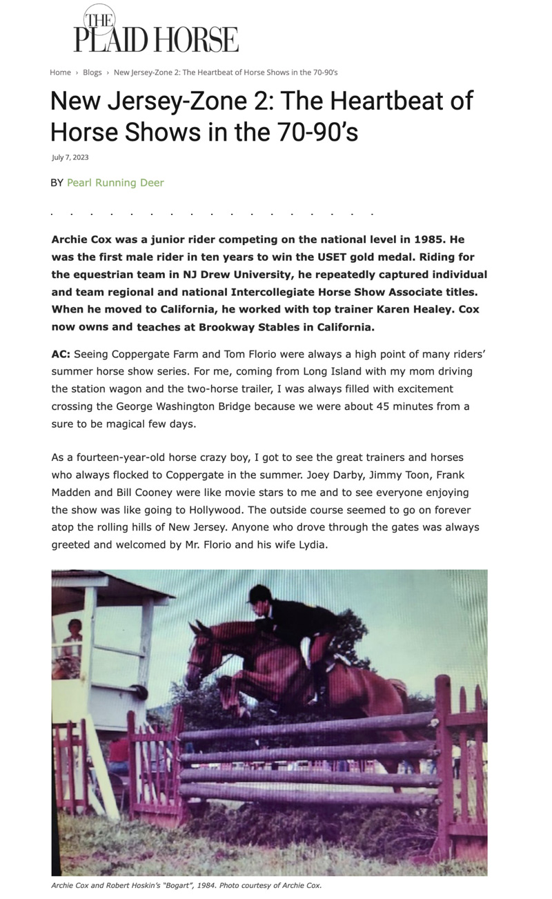 Archie Cox featured in The Plaid Horse's "New Jersey-Zone 2: Heartbeat of Horse Shows in the 70s-90s" article by Pearl Running Deer