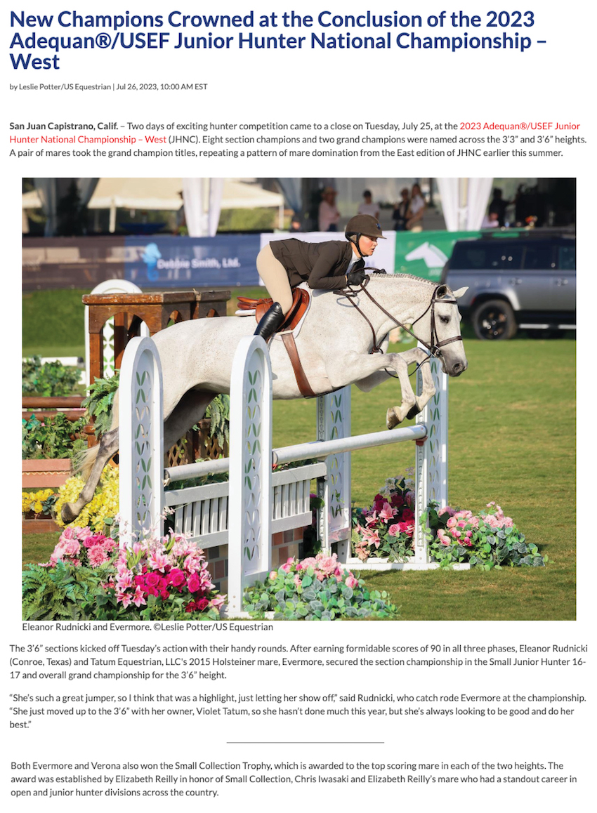Evermore is among the new champions crowned at the conclusion of the 2023 Adequan®/USEF Junior Hunter National Championship – West