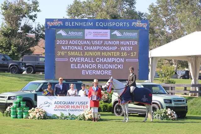 Evermore, owned by Tatum Equestrian, LLC Overall Grand Champion - West 3'6" Small Junior Hunter 16-17 The Small Collection Perpetual Trophy Ridden by Eleanor Rudnicki 2023 Adequan/USEF Junior Hunter National Championship - West
